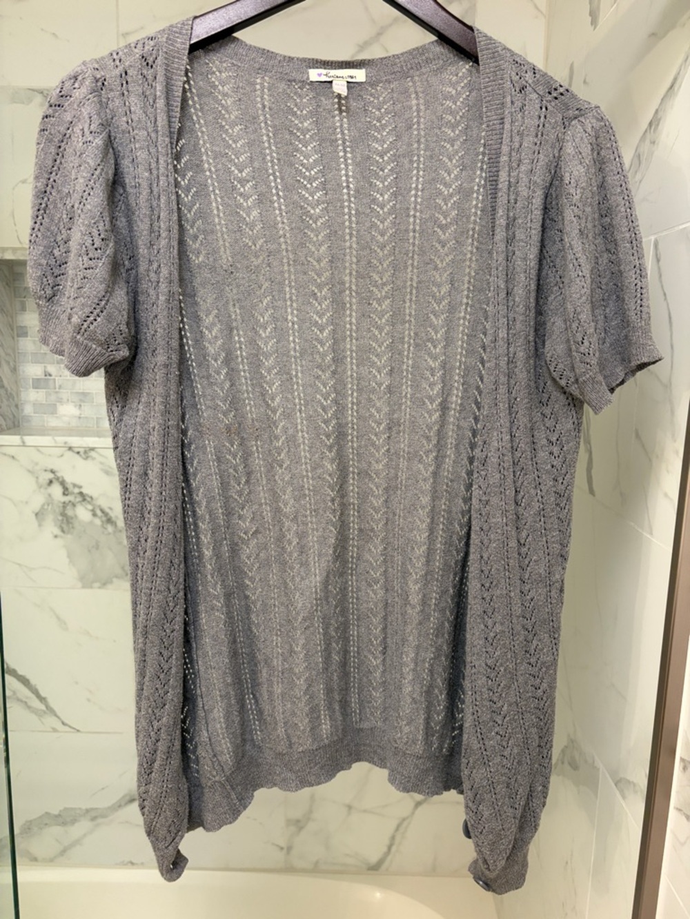 Forever 21 Gray Open-Knit Cardigan with Purple Heart Tag